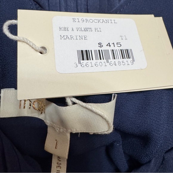 Maje sz 1 US Small Rockanil Pleated Tiered Midi Dress Marine Navy twist straps - Picture 6 of 11